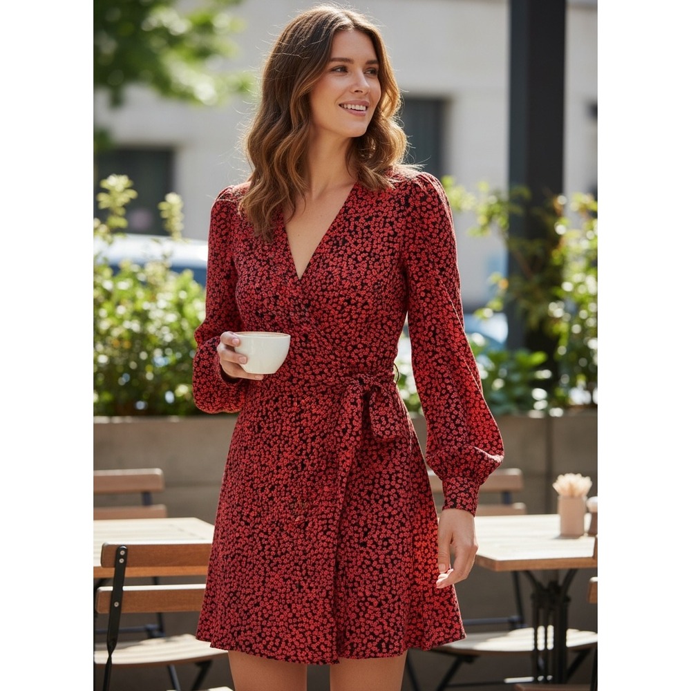 Free People Red Black Floral Long Sleeve Wrap Mini Dress Size 2
